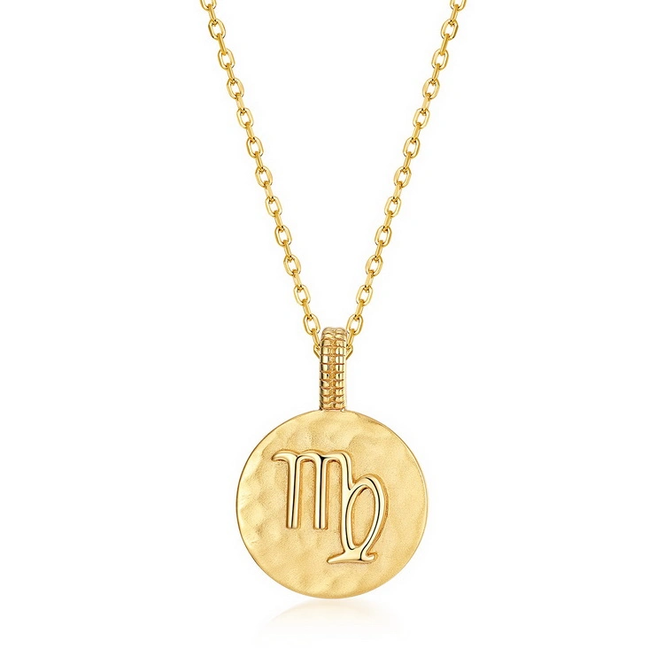 925 Sterling Silver Gold Plating Necklace Engraved Coin Disk Pendant 12 Zodiac Sign Pendant Necklace