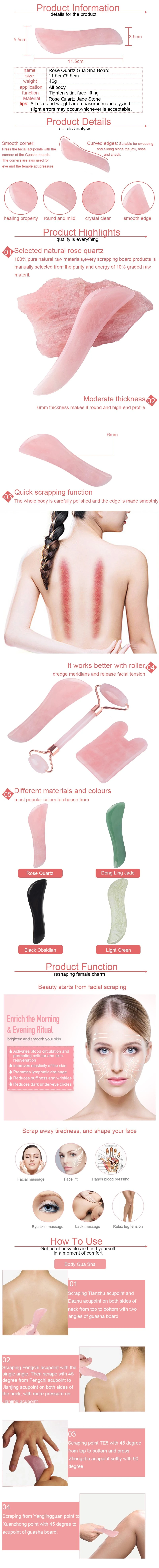 Christmas Gift Natural Rose Quartz Jade Stone Guasha Board for Facial Massage